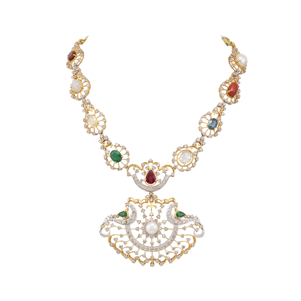 Navratan Necklace with Diamond Frames and Central Pearl Pendant